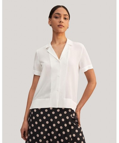 Women's V Neck Half-Sleeve Notch Silk Shirt White $45.98 Tops