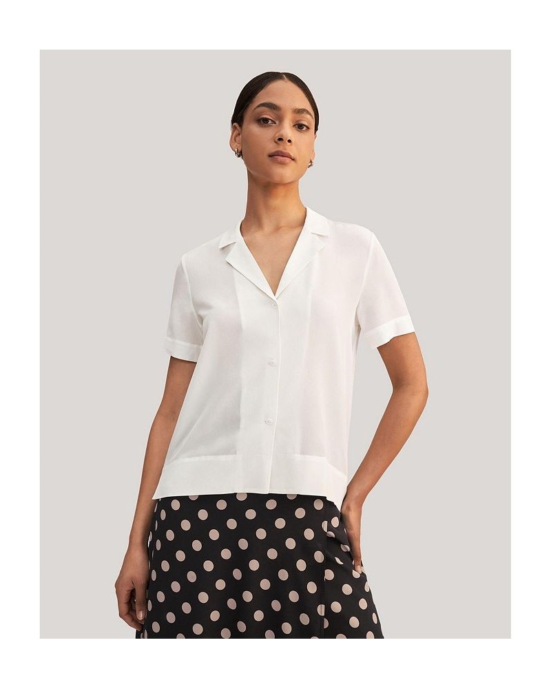 Women's V Neck Half-Sleeve Notch Silk Shirt White $45.98 Tops