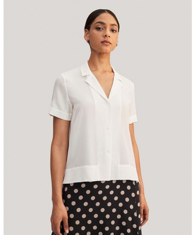 Women's V Neck Half-Sleeve Notch Silk Shirt White $45.98 Tops