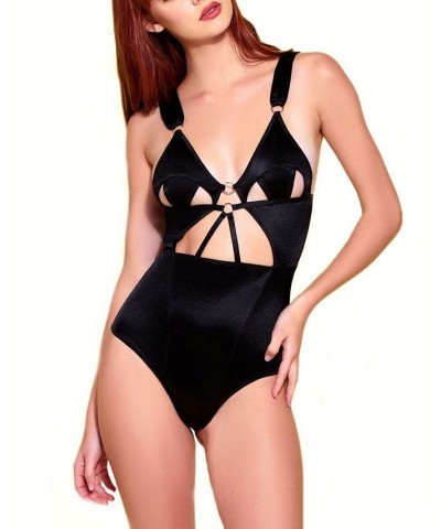 Women's Betty Satin Caged 1 Piece Bodysuit Lingerie Black $27.72 Lingerie