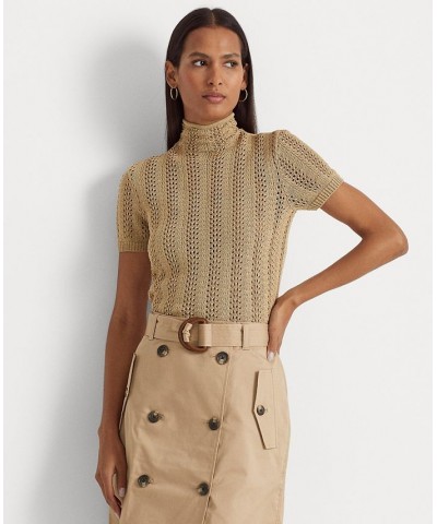 Women's Pointelle Short-Sleeve Turtleneck Top Tan/Beige $74.40 Sweaters