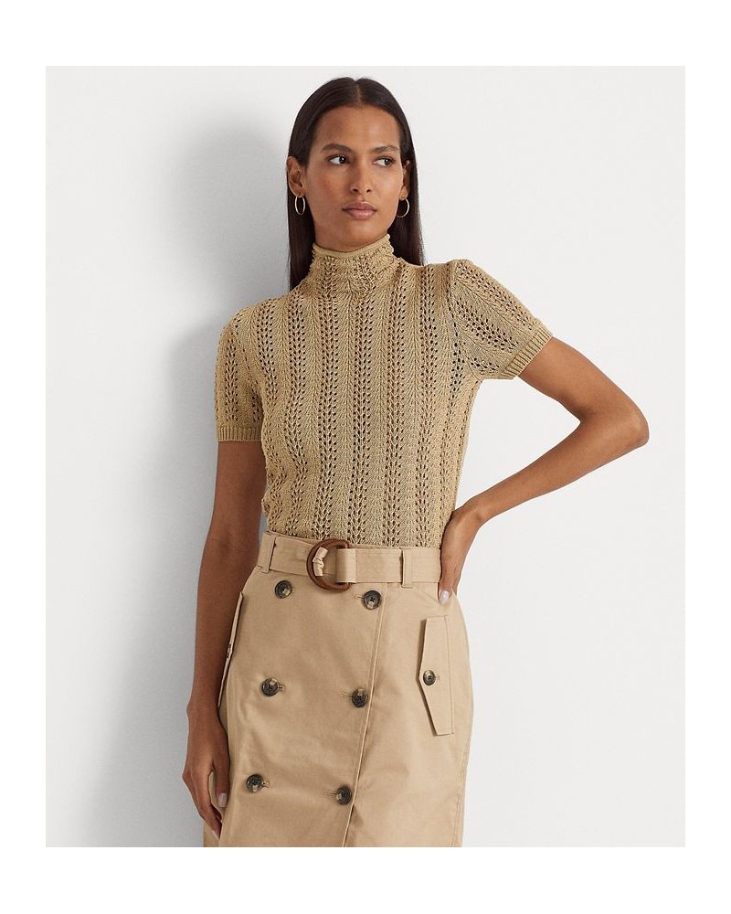 Women's Pointelle Short-Sleeve Turtleneck Top Tan/Beige $74.40 Sweaters