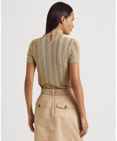 Women's Pointelle Short-Sleeve Turtleneck Top Tan/Beige $74.40 Sweaters