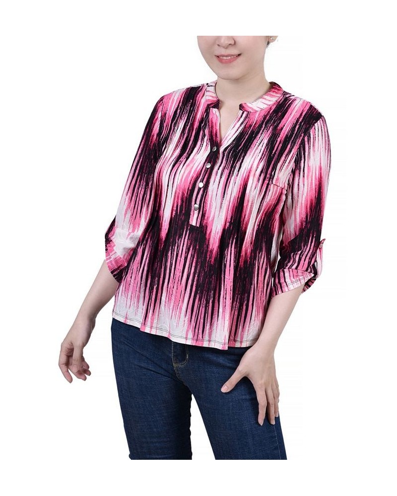 Petite 3/4 Roll Tab Sleeve Printed Pintuck Top Pink Ligia $14.40 Tops