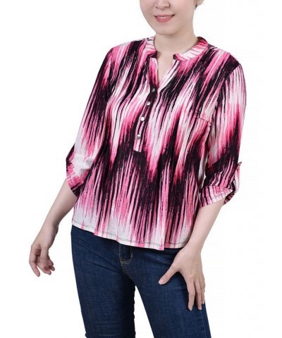 Petite 3/4 Roll Tab Sleeve Printed Pintuck Top Pink Ligia $14.40 Tops