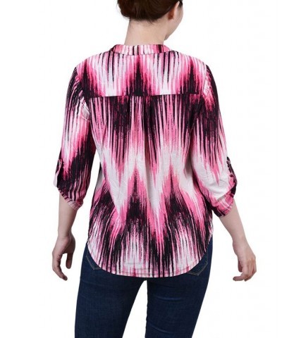 Petite 3/4 Roll Tab Sleeve Printed Pintuck Top Pink Ligia $14.40 Tops