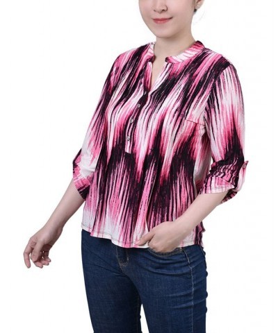 Petite 3/4 Roll Tab Sleeve Printed Pintuck Top Pink Ligia $14.40 Tops