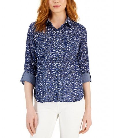 Women's Cotton Roll-Tab Shirt Blue $26.54 Tops