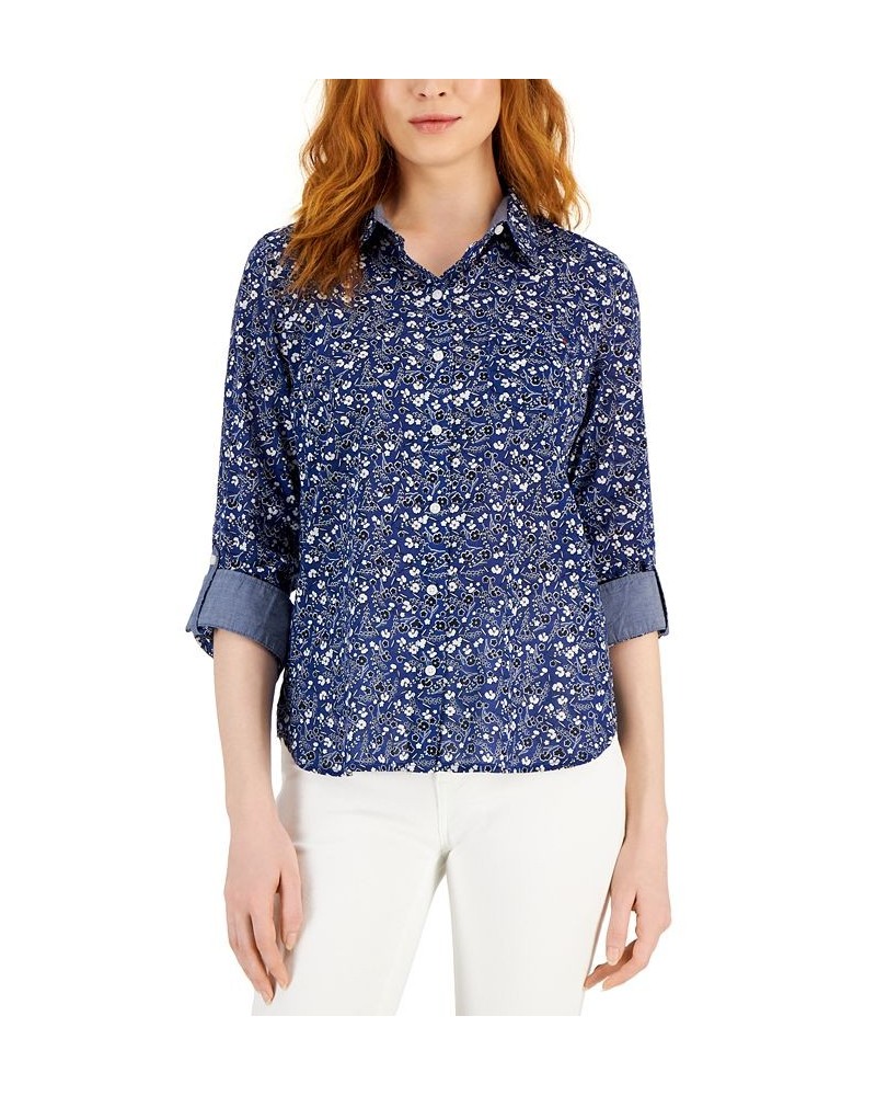 Women's Cotton Roll-Tab Shirt Blue $26.54 Tops