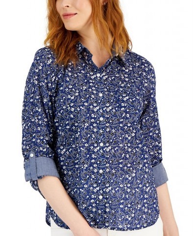 Women's Cotton Roll-Tab Shirt Blue $26.54 Tops