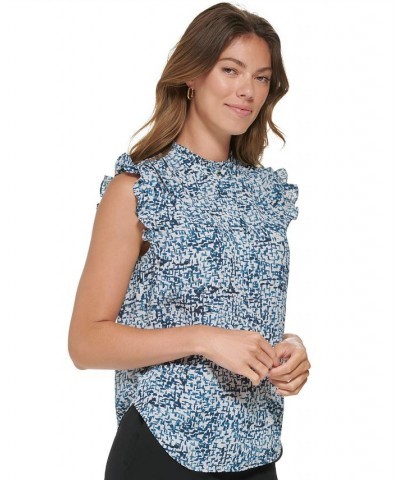 Women's Ruffled Sleeveless Half-Placket Top Dark Topaz Multi $27.24 Tops