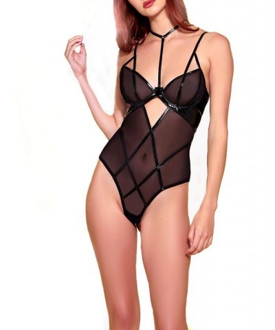 Women's Sabrina Vinyl and Mesh Underwire Soft Cup Teddy with Front Keyhole and Removable Neck Choker Black $34.31 Lingerie