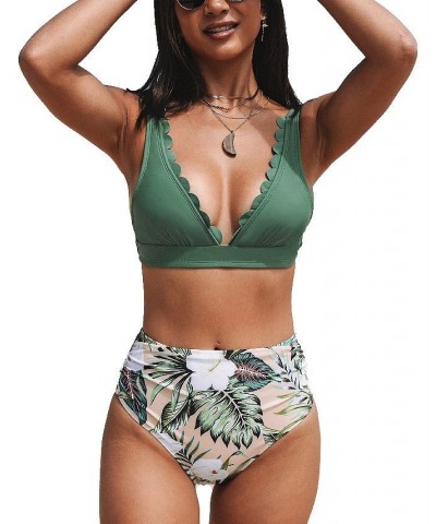 Women's Scalloped V Neck High Waist Floral Ruched Bikini Set Green $21.50 Swimsuits