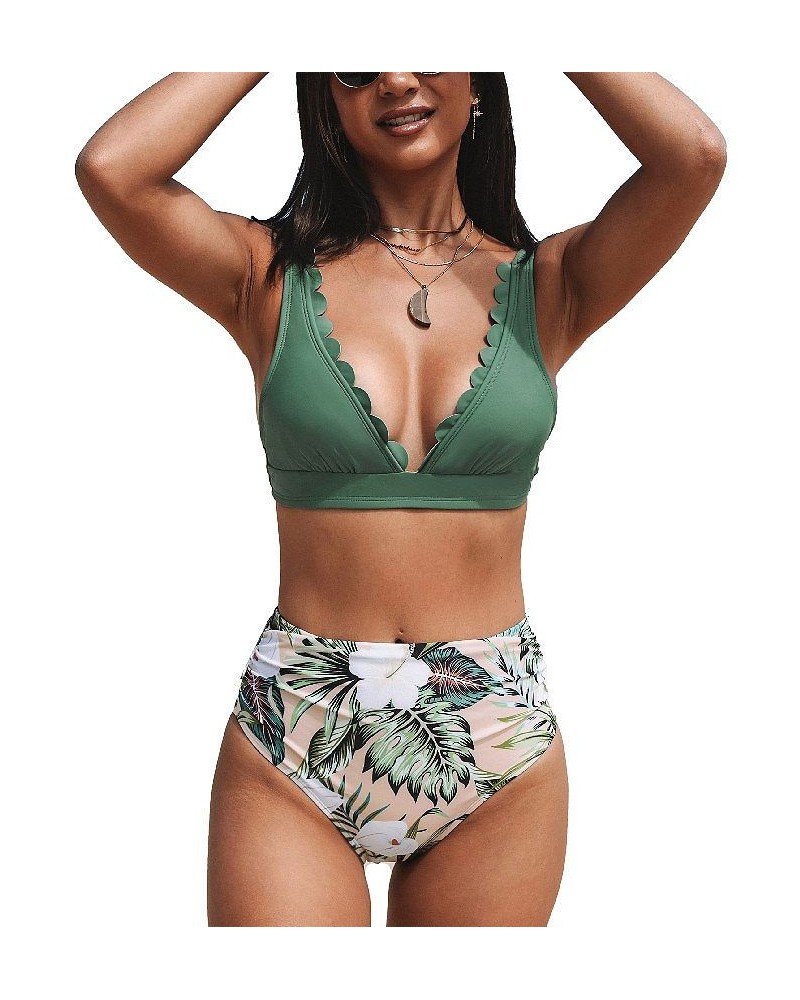 Women's Scalloped V Neck High Waist Floral Ruched Bikini Set Green $21.50 Swimsuits