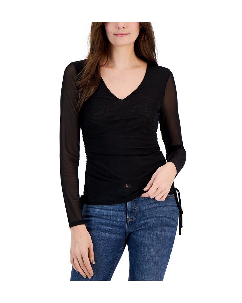 Women's Printed Mesh Side-Tie Top Deep Black $20.16 Tops