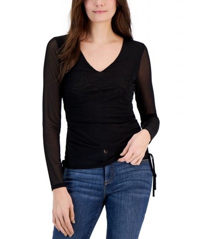 Women's Printed Mesh Side-Tie Top Deep Black $20.16 Tops