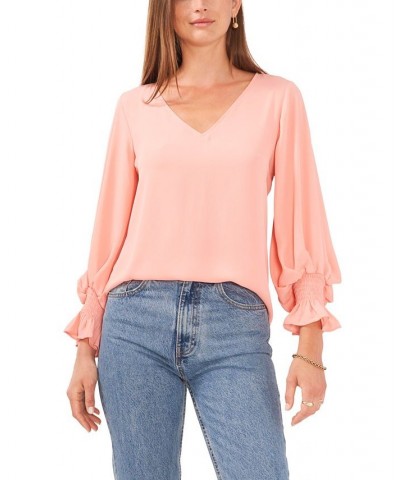 Women's Bubble-Sleeve V-Neck Blouse Pink $43.61 Tops