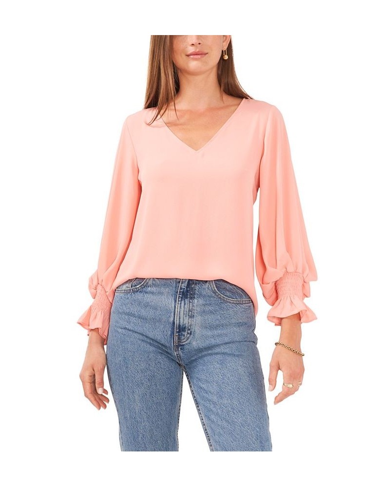 Women's Bubble-Sleeve V-Neck Blouse Pink $43.61 Tops