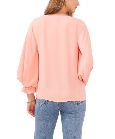 Women's Bubble-Sleeve V-Neck Blouse Pink $43.61 Tops