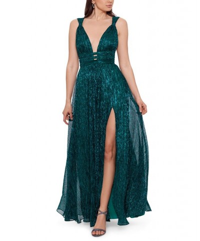 Women's V-Neck Metallic Crinkle A-Line Dress Emerald $100.44 Dresses