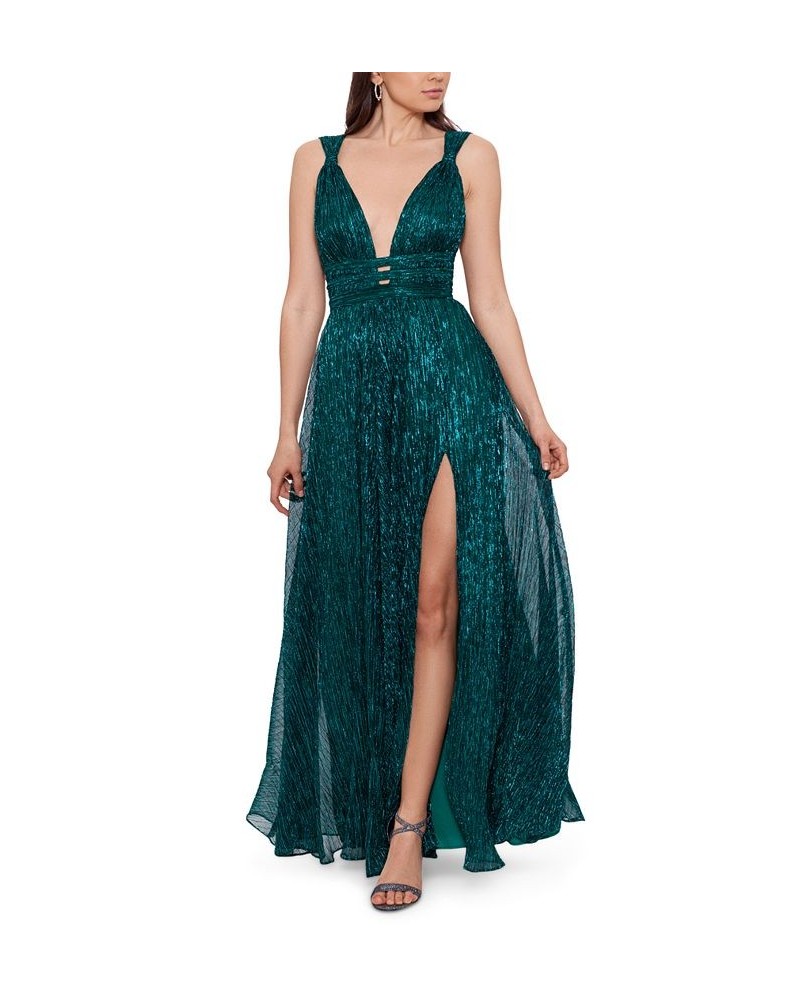 Women's V-Neck Metallic Crinkle A-Line Dress Emerald $100.44 Dresses