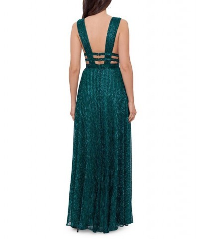 Women's V-Neck Metallic Crinkle A-Line Dress Emerald $100.44 Dresses