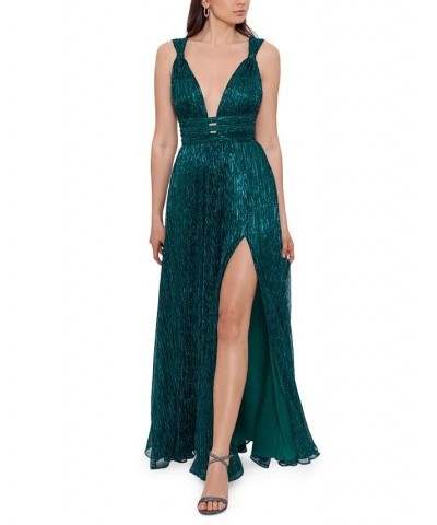 Women's V-Neck Metallic Crinkle A-Line Dress Emerald $100.44 Dresses