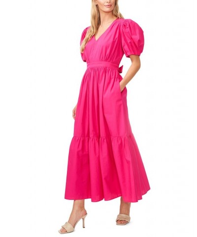 Women's V-Neck Puff-Sleeve Tie-Waist Maxi Dress Pink $71.52 Dresses