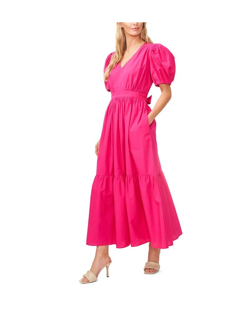 Women's V-Neck Puff-Sleeve Tie-Waist Maxi Dress Pink $71.52 Dresses