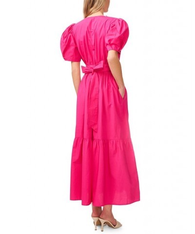 Women's V-Neck Puff-Sleeve Tie-Waist Maxi Dress Pink $71.52 Dresses