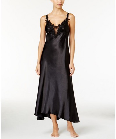 Stella Satin Venise Trim Lingerie Nightgown Black $15.65 Sleepwear