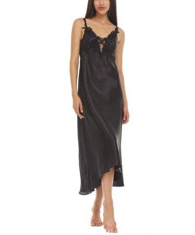 Stella Satin Venise Trim Lingerie Nightgown Black $15.65 Sleepwear