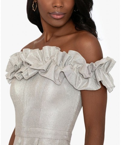 Petite Metallic Ruffled Off-The-Shoulder Gown Taupe Silver $145.77 Dresses