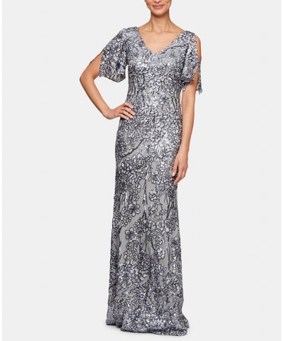 Women's Sequin Embellished Split-Sleeve Gown Silver $102.22 Dresses