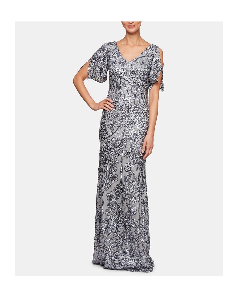 Women's Sequin Embellished Split-Sleeve Gown Silver $102.22 Dresses