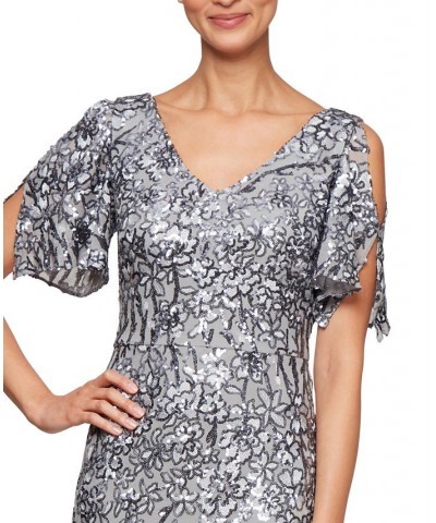 Women's Sequin Embellished Split-Sleeve Gown Silver $102.22 Dresses