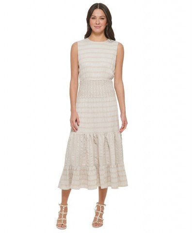 Women's Textured Striped Sleeveless Midi Dress Ivory/Beige $44.70 Dresses
