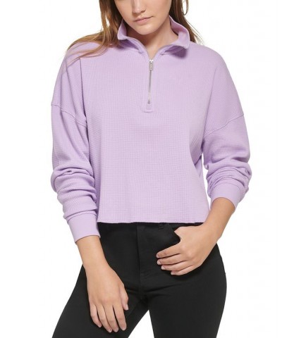 Women's Waffle-Knit Half-Zip Top Purple $24.22 Tops