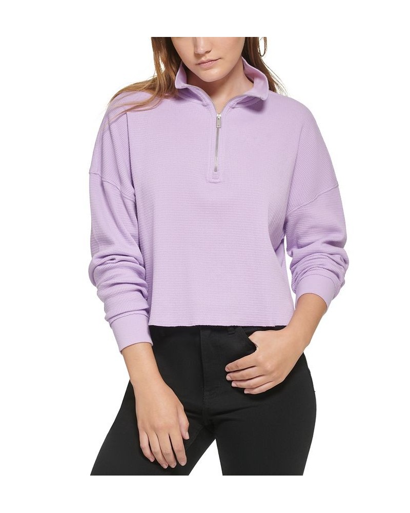 Women's Waffle-Knit Half-Zip Top Purple $24.22 Tops