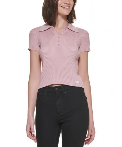 Petite Ribbed Polo Shirt Pink $20.85 Tops