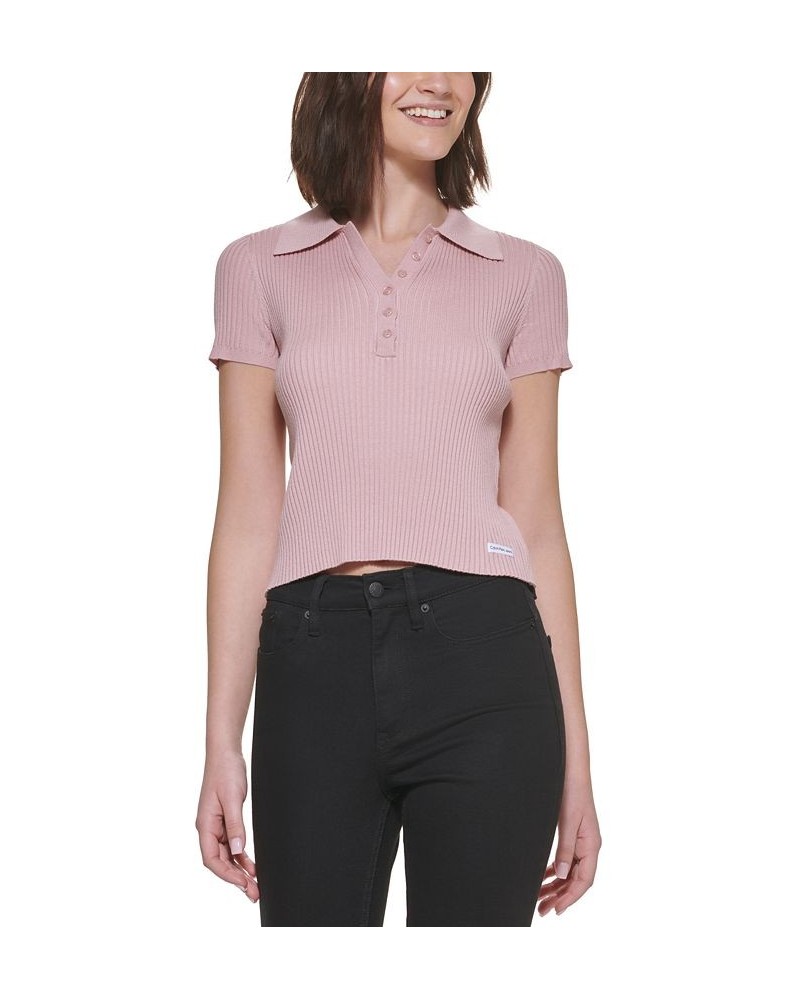 Petite Ribbed Polo Shirt Pink $20.85 Tops