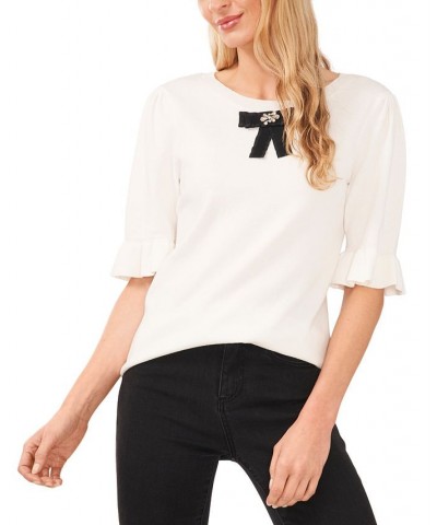 Women's Cotton Bow Elbow-Sleeve Sweater White $24.75 Sweaters