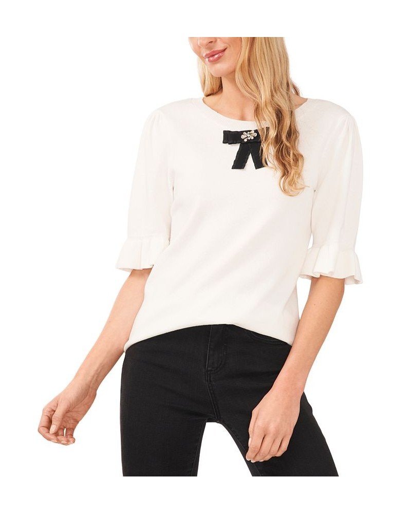 Women's Cotton Bow Elbow-Sleeve Sweater White $24.75 Sweaters