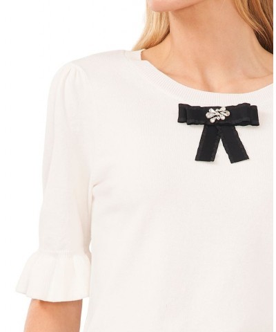 Women's Cotton Bow Elbow-Sleeve Sweater White $24.75 Sweaters