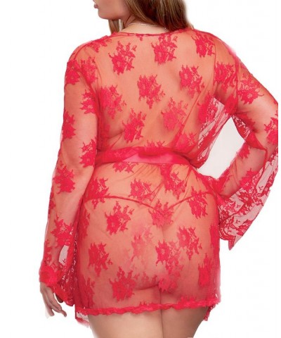 Plus Size Scalloped Sheer Lace Lingerie Wrap Robe Red $37.00 Lingerie