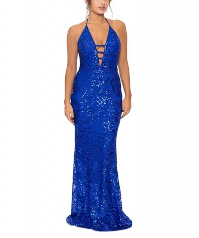 Juniors' Sequin-Pattern Halter-Neck Gown Royal $89.64 Dresses