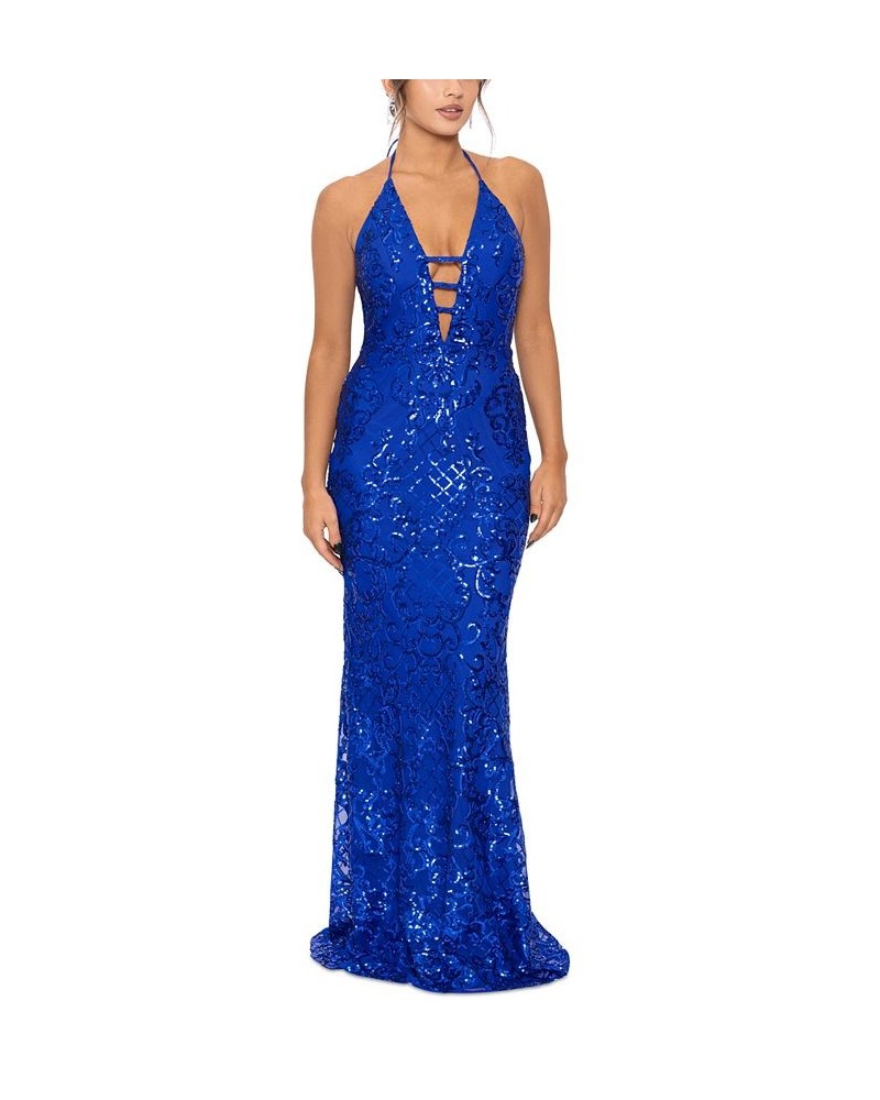 Juniors' Sequin-Pattern Halter-Neck Gown Royal $89.64 Dresses