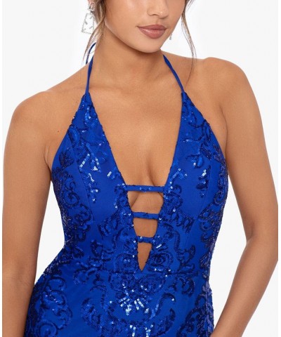 Juniors' Sequin-Pattern Halter-Neck Gown Royal $89.64 Dresses