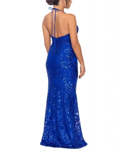 Juniors' Sequin-Pattern Halter-Neck Gown Royal $89.64 Dresses