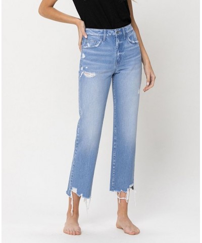 Women's High Rise Vintage-Like Straight Crop Jeans with Distressed Hem Light Blue $42.53 Jeans